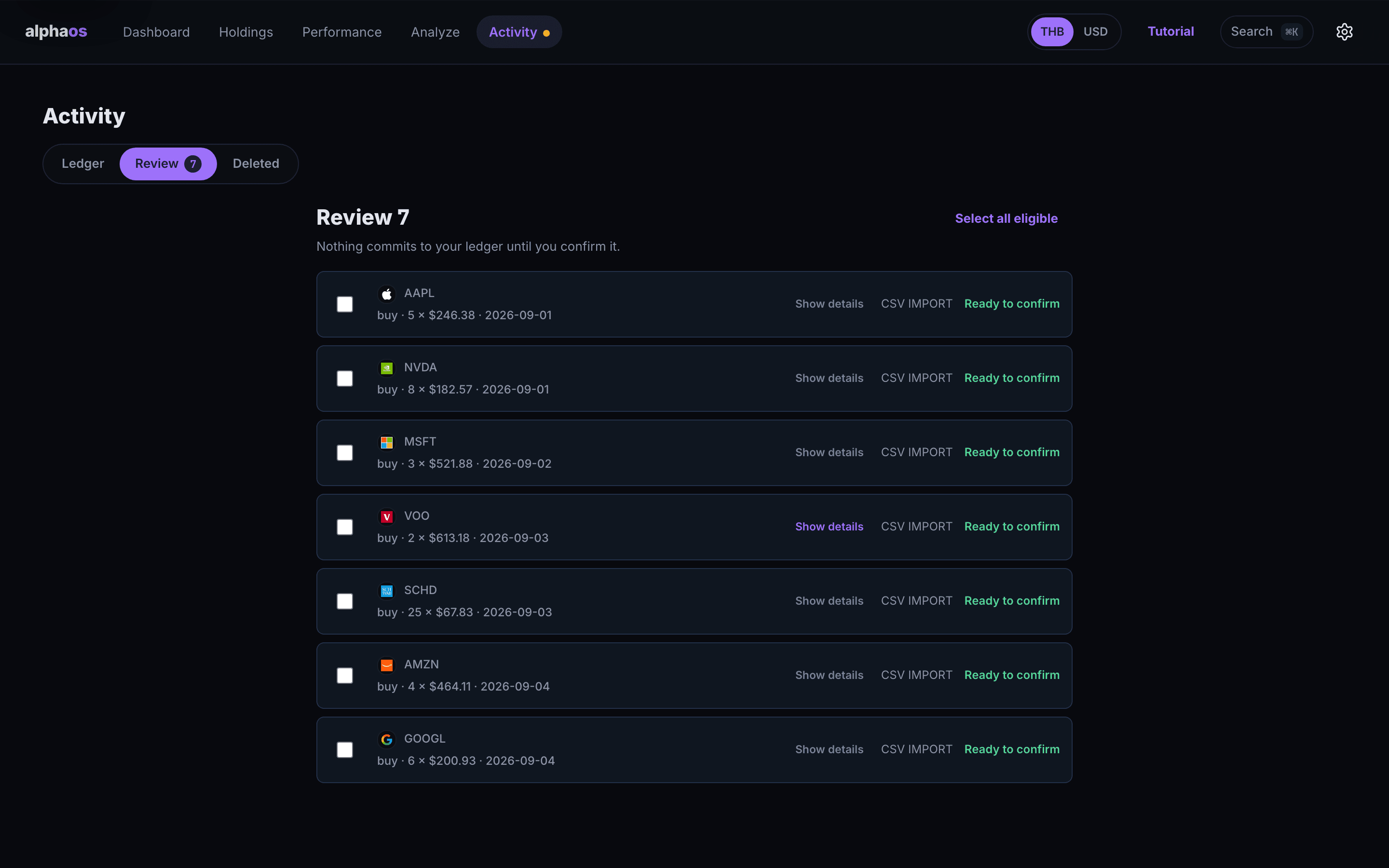ภาพตัวอย่างหน้าตรวจรายการใน AlphaOS มีรายการนำเข้า 7 รายการรอการยืนยัน